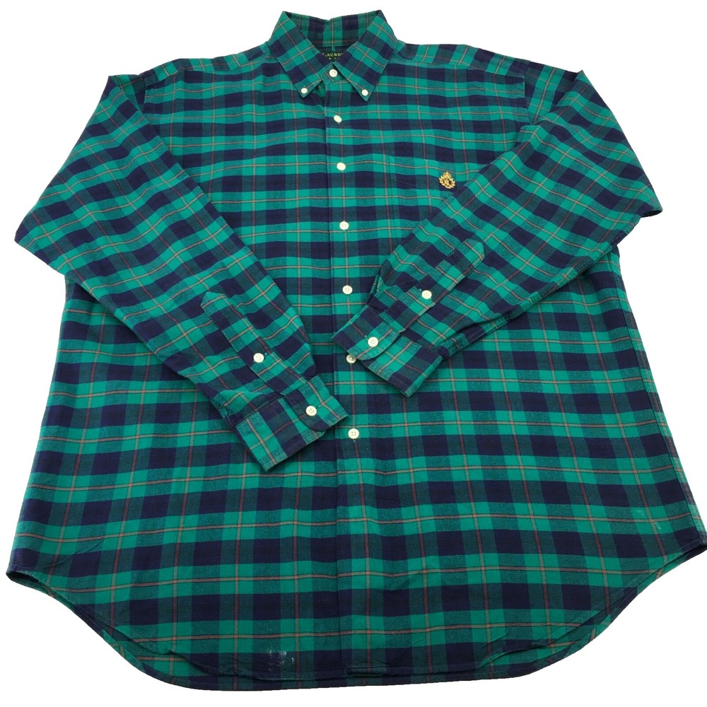 Lauren Ralph Lauren Mens Plaid Button Down Shirt Green Navy Blue Crest Size M - Picture 2 of 6